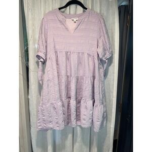Lavender Tiered Babydoll Dress Womens Large Purple Textured Mini Tie Sleeve L